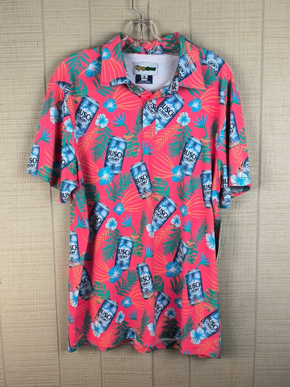 NWT Tipsy Elves Busch Light Beer Polo Golf Shirt Hawaiian Pink New Large